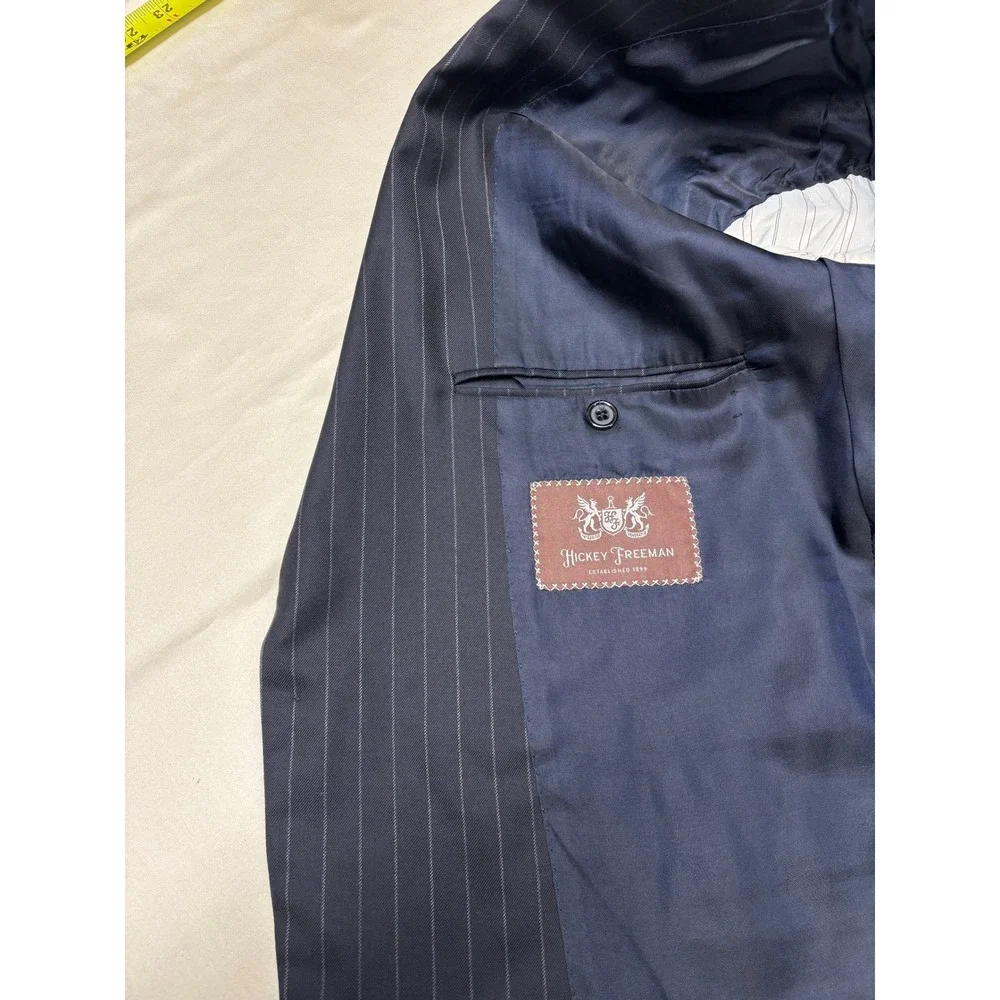 Hickey Freeman x Loro Piana Pinstripe Suit Navy Wool Mens 44R W36 L27 USA